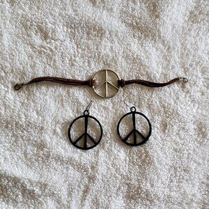 Vintage Peace Bracelet and Earrings ☮︎ Metal Leather Jewelry